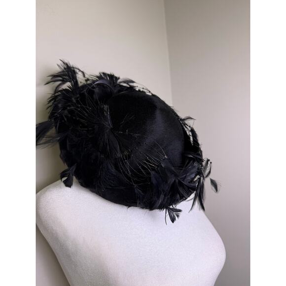 Vintage Jack McConnell Black Feather Pillbox Hat Fascinator Italy